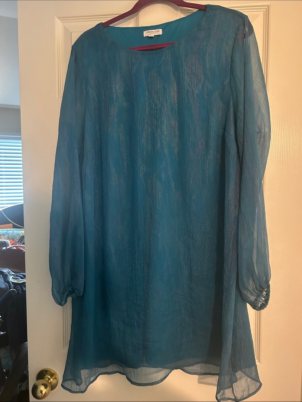 Teal Long Sleeve Chiffon Shift Dress Sz 1X